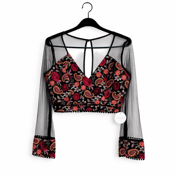Luxxel Tops - LUXXEL Embroidered Mesh Crop Top Sheer Sleeve Bustier Festival NWT M/L Summer